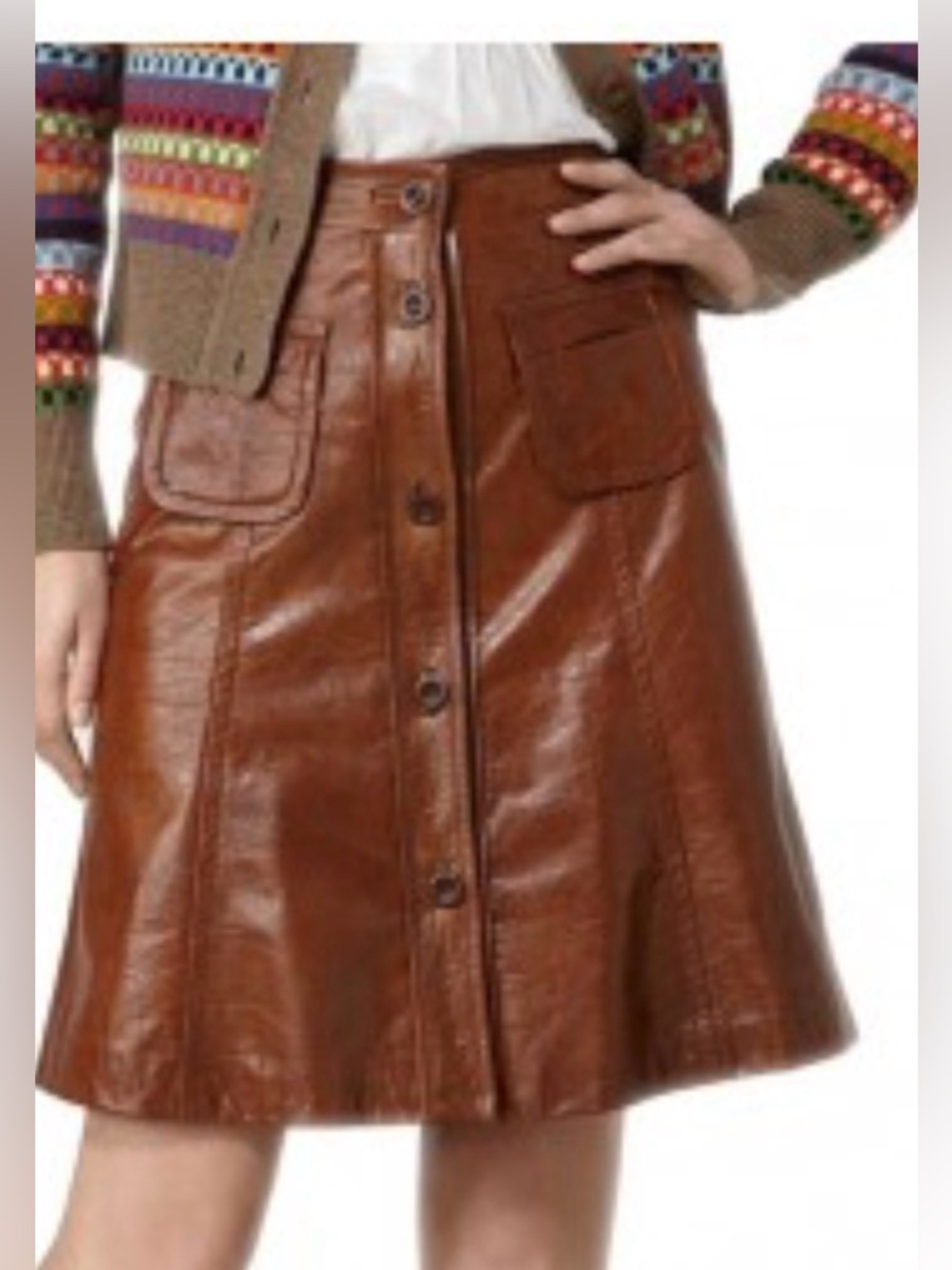 See By Chloe Brown Leather Button-Front A-Line Skirt